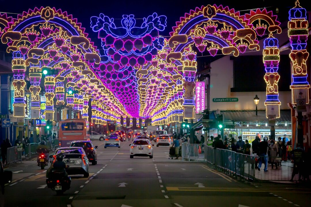 a city street filled with lots of colorful lights