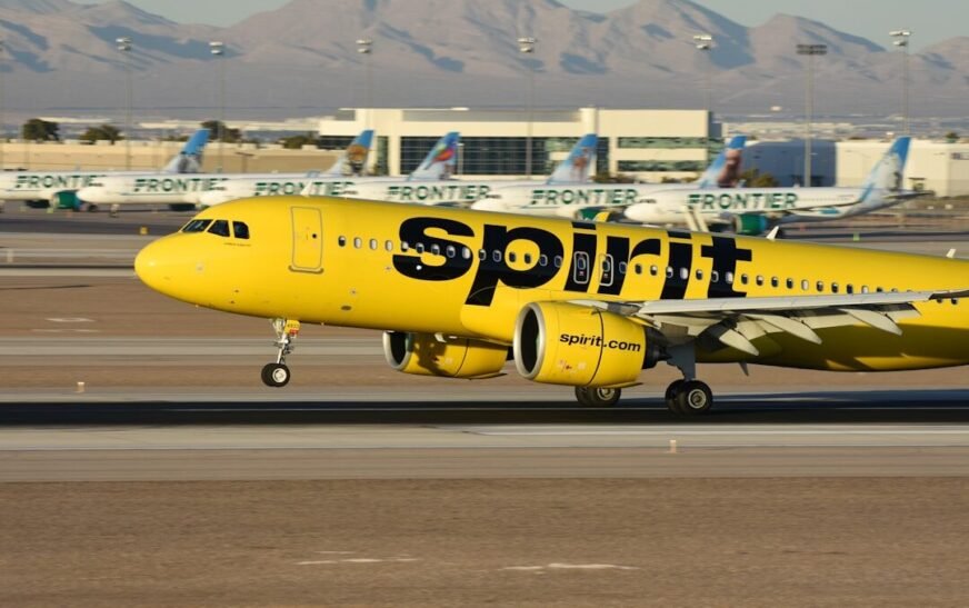 A yellow spirit airplane on the runway of an airport