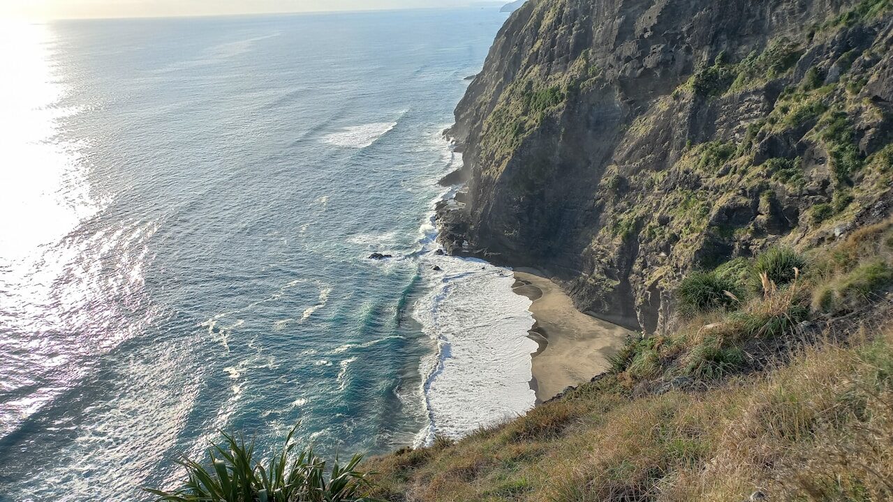a beach with a body of water by it